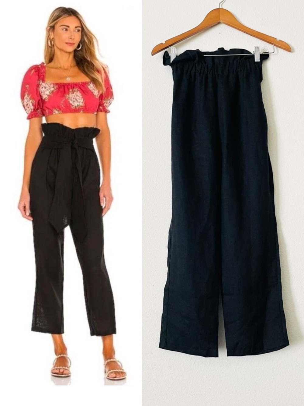 Revolve Waimari XS 100% linen black paperbag tie waist cropped length pants